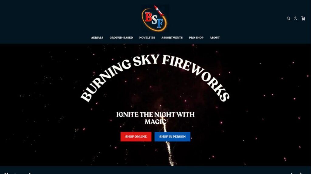 Burning Sky Fireworks website homepage